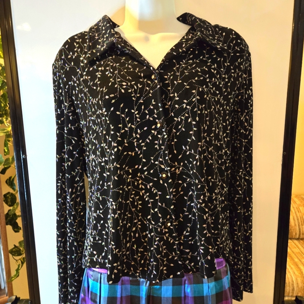 Ronnie Nicole Formalwear Black Blouse, Long Sleeve, Silver Leaf Design, Size 12